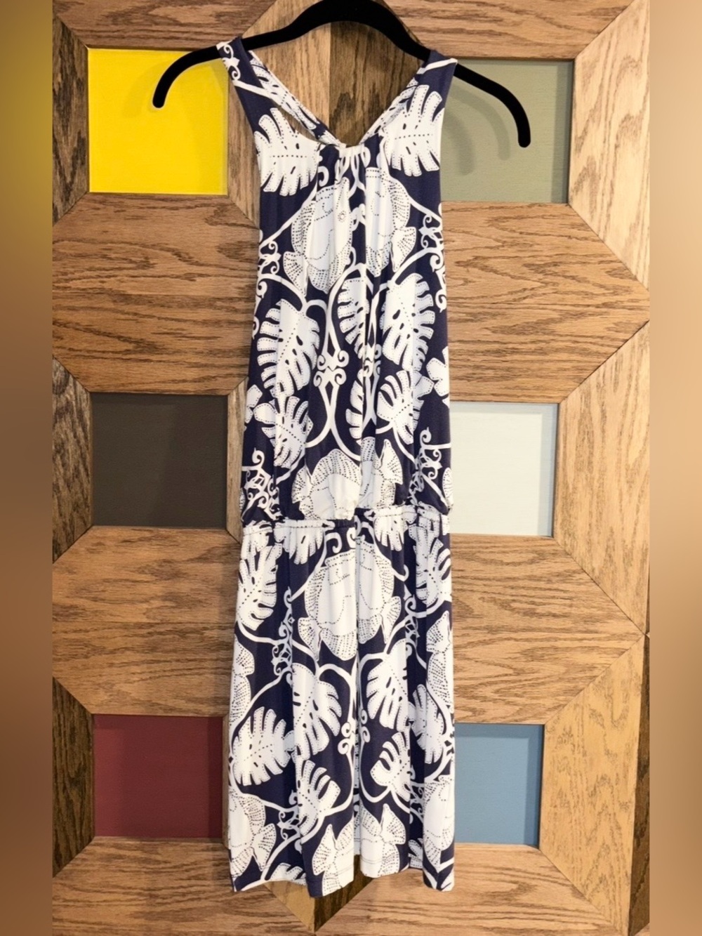 Tori Richard Hawaiian Halter Dress Blue White Tropical Leaf Resortwear Mini Sz M
